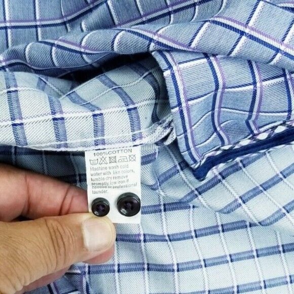 Enzone 2XL Men's Gray White Blue Purple Trim Check Long Sleeve Cotton Shirt - Picture 4 of 8